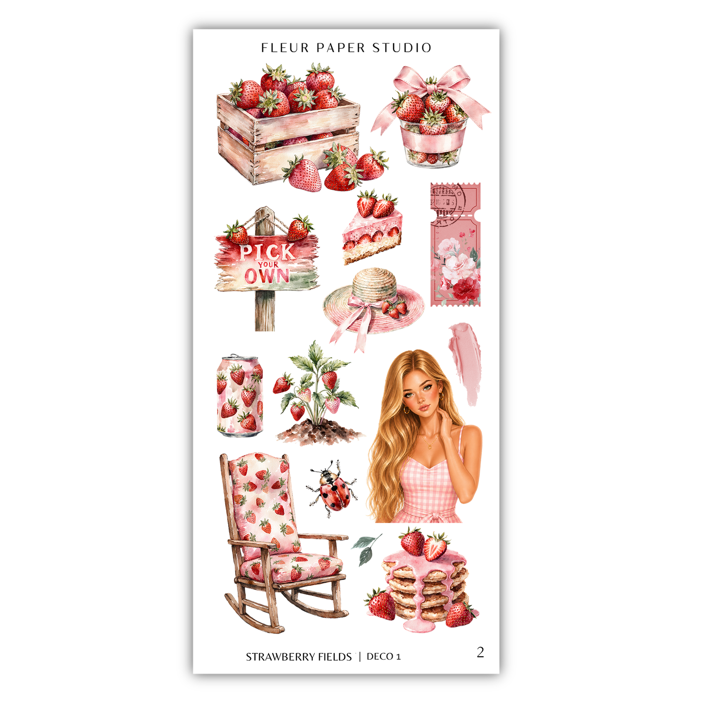 various illustrations related to strawberries, including a wooden crate filled with strawberries, a basket of strawberries, a cake, a sign that says "Pick Your Own", a woman with long blonde hair, a rocking chair, and a stack of strawberries.