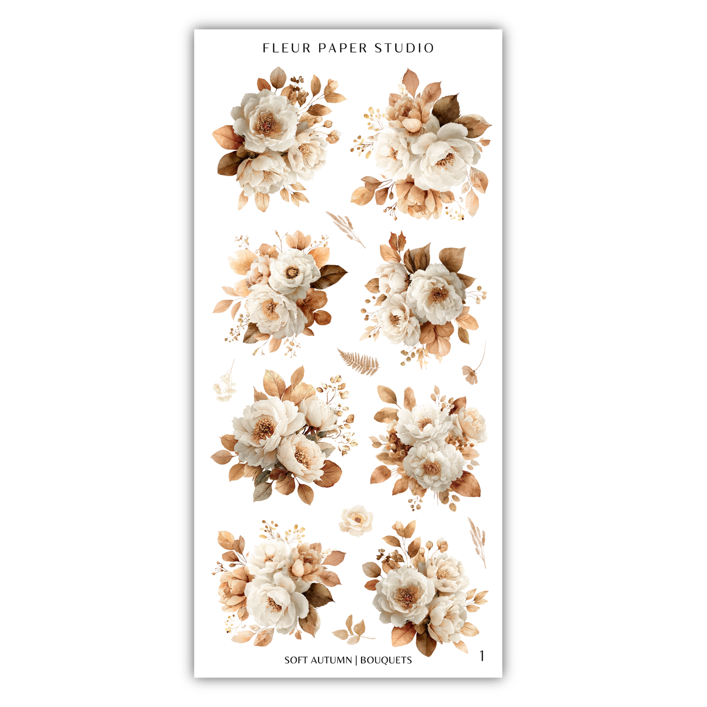 a collection of nine floral arrangements, each featuring a variety of white and beige flowers, leaves, and foliage. The arrangements are arranged in a grid format, with three rows and three columns. The text "FLÉR PAPER STUDIO" is displayed at the top of the image, and "SOFT AUTUMN / BOUQUETS" is written at the bottom.