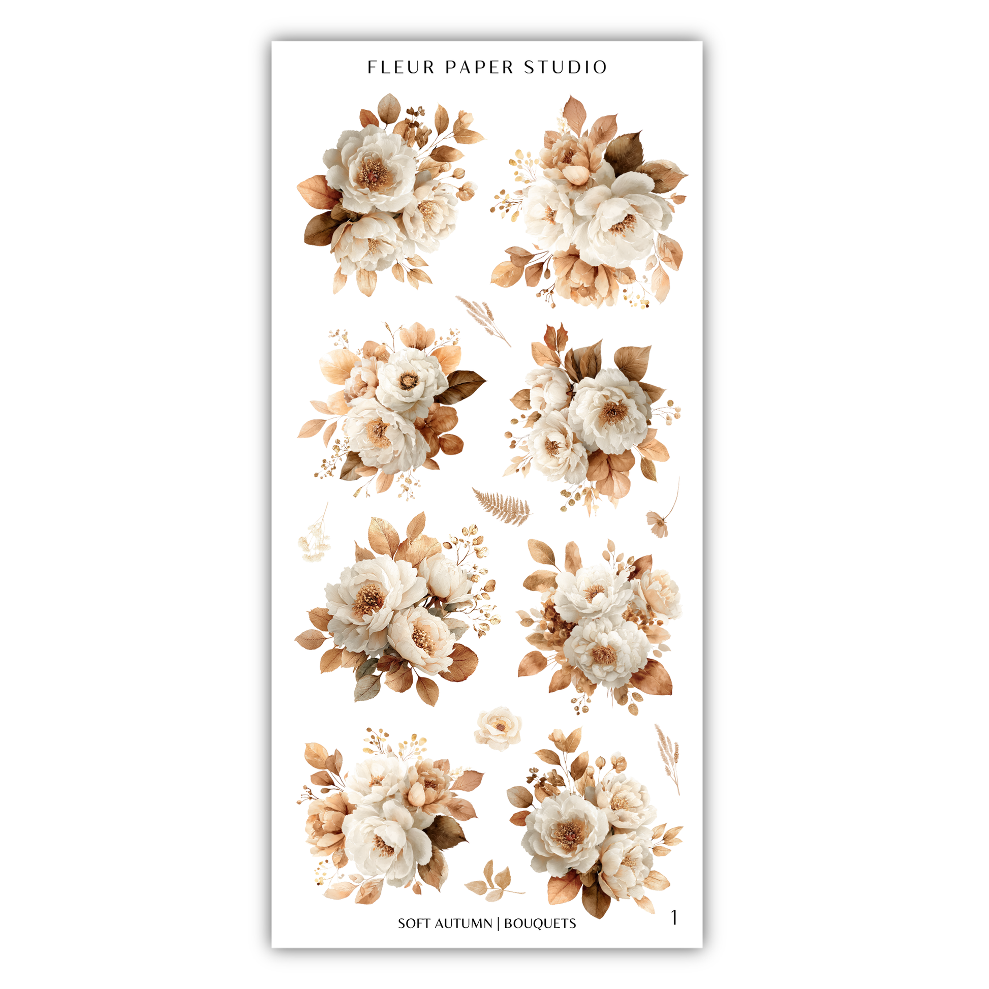a collection of nine floral arrangements, each featuring a variety of white and beige flowers, leaves, and foliage. The arrangements are arranged in a grid format, with three rows and three columns. The text "FLÉR PAPER STUDIO" is displayed at the top of the image, and "SOFT AUTUMN / BOUQUETS" is written at the bottom.