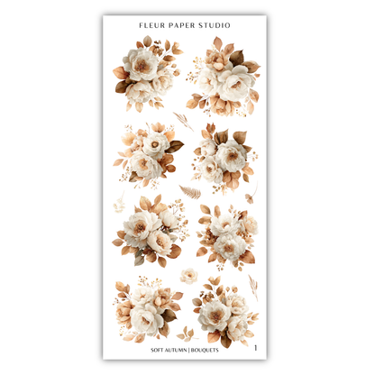 a collection of nine floral arrangements, each featuring a variety of white and beige flowers, leaves, and foliage. The arrangements are arranged in a grid format, with three rows and three columns. The text "FLÉR PAPER STUDIO" is displayed at the top of the image, and "SOFT AUTUMN / BOUQUETS" is written at the bottom.