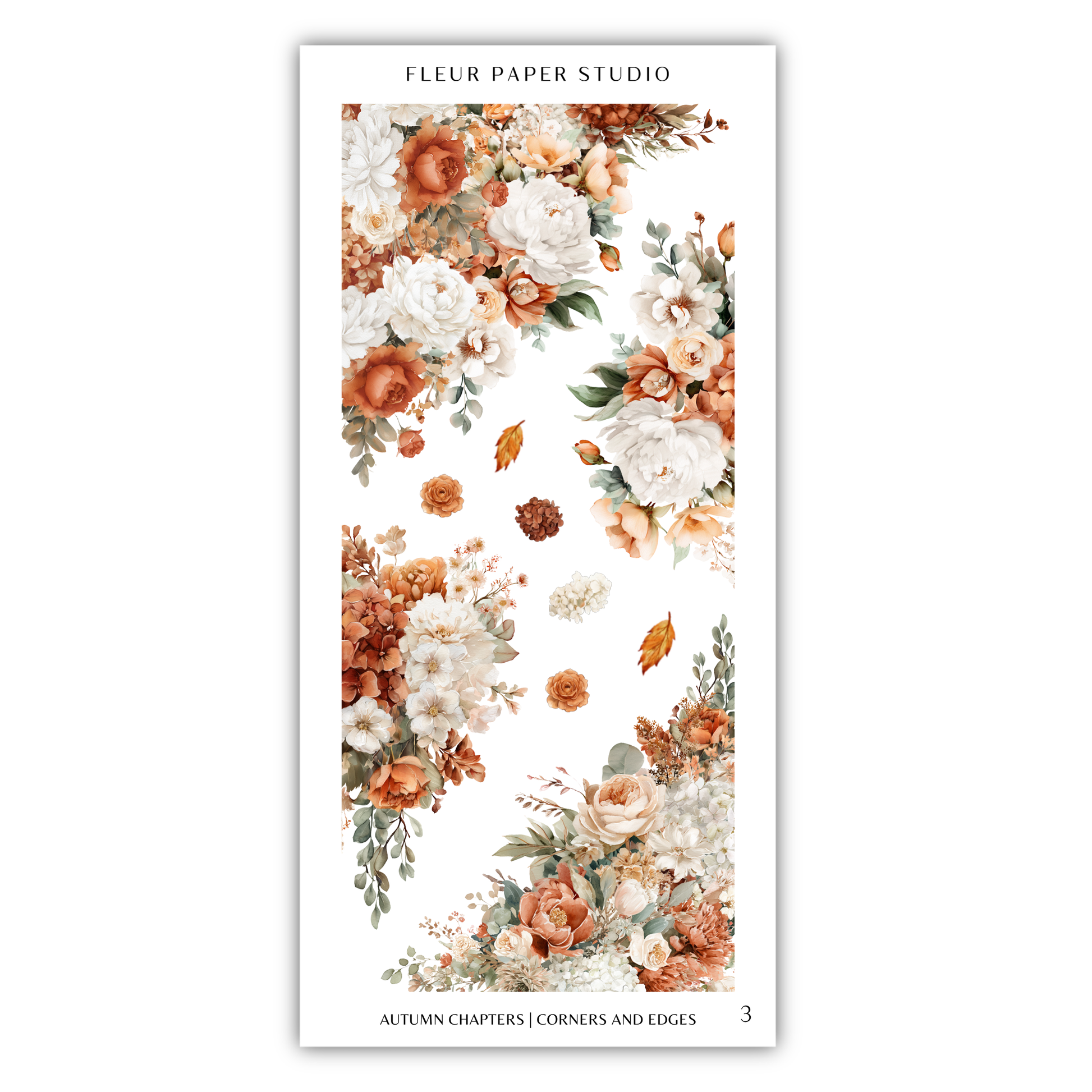 The image is a collage of various floral arrangements, including white and orange flowers, along with leaves and greenery. The collage is titled "Autumn Chapters / Corners and Edges" and is part of the "Fleur Paper Studio" collection.