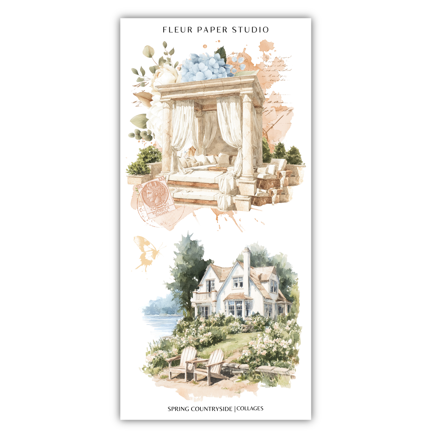 The image is a collage of two pictures depicting a house and a garden. The top picture shows a house with a porch and a garden with flowers, while the bottom picture shows a garden with a house and a lake.
