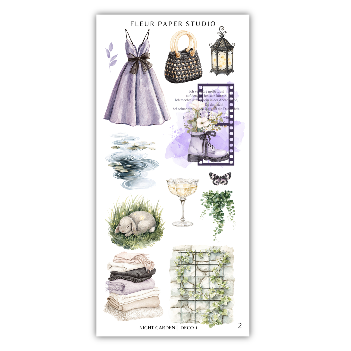 The image is a collection of various decorative and artistic elements, including a dress, a handbag, a lantern, a vase with flowers, a rabbit, a glass of wine, a stack of clothes, a garden wall, and a butterfly. The image does not contain any text, and the objects are arranged in a visually appealing manner.