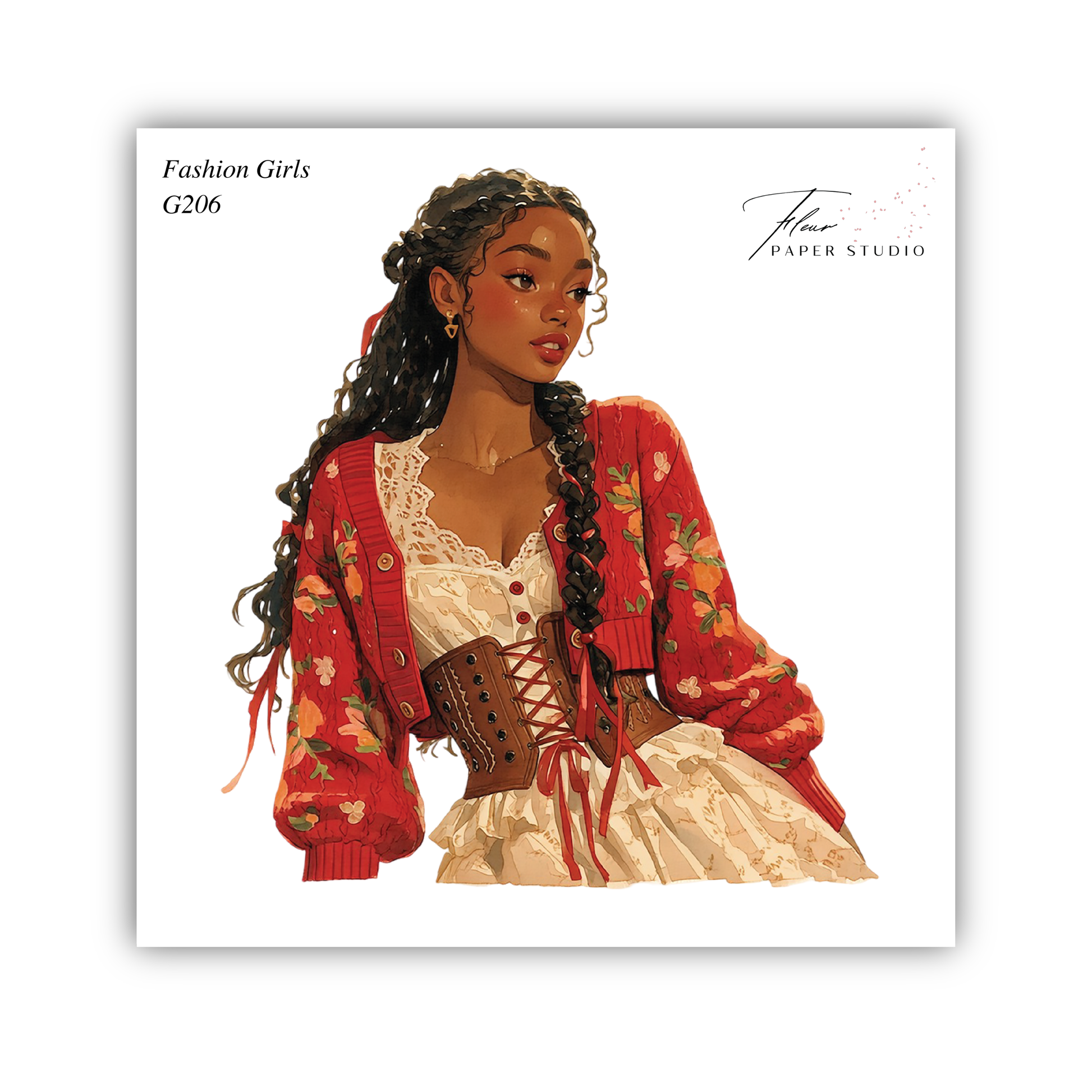 A stylized illustration of a young woman with long, curly hair wearing a red floral cardigan and a white dress with a corset-style waistband.