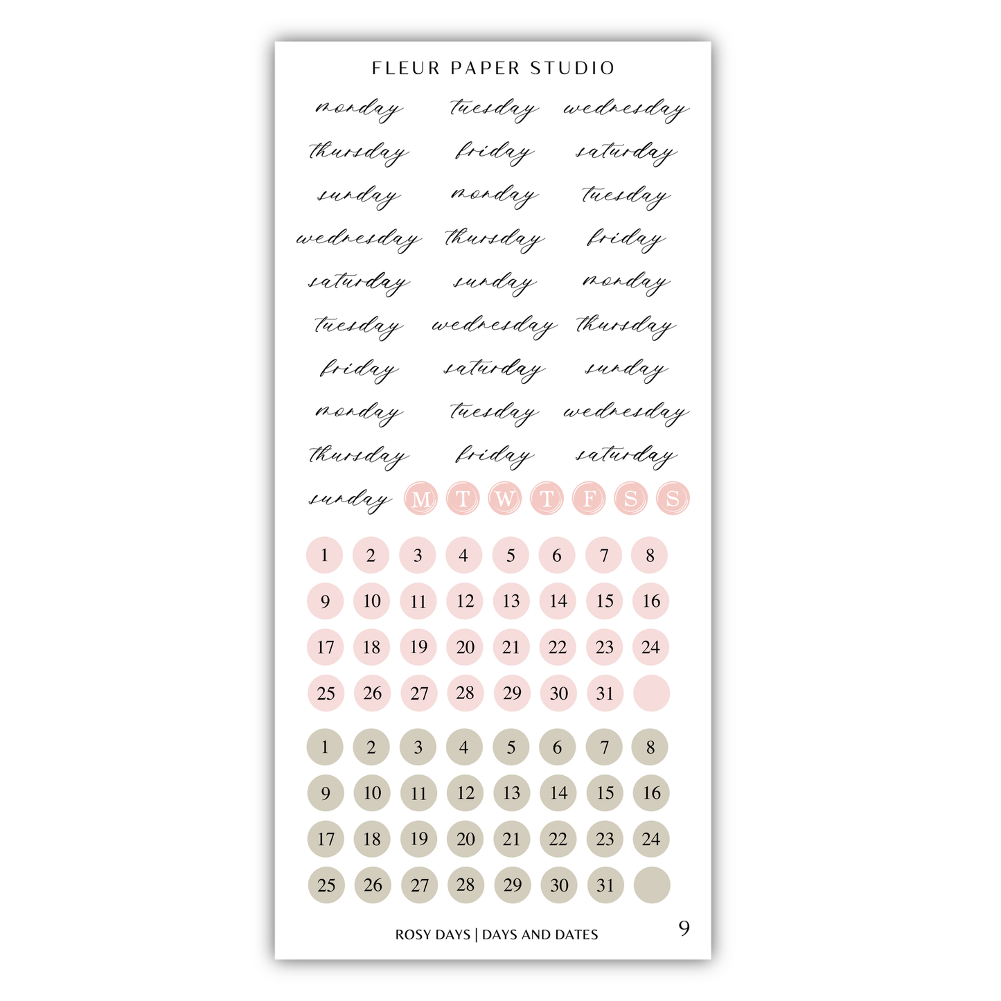 The image is a calendar and sticker set for the Fleur Paper Studio, featuring a calendar with days of the week and days of the month, and a set of stickers with various designs and text.