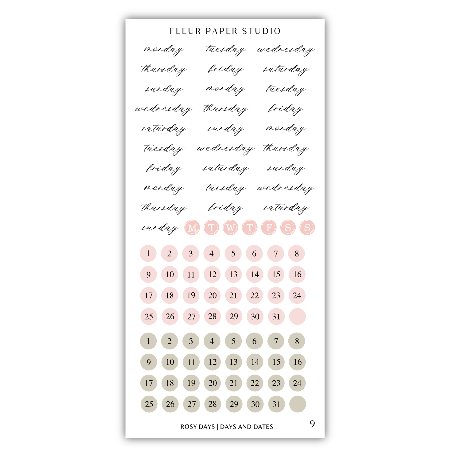 The image is a calendar and sticker set for the Fleur Paper Studio, featuring a calendar with days of the week and days of the month, and a set of stickers with various designs and text.