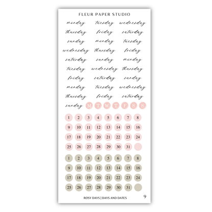 The image is a calendar and sticker set for the Fleur Paper Studio, featuring a calendar with days of the week and days of the month, and a set of stickers with various designs and text.