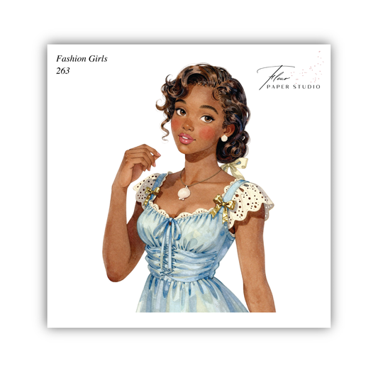 The image is a watercolor illustration of a young woman wearing a blue dress with lace sleeves and a bow on her head.