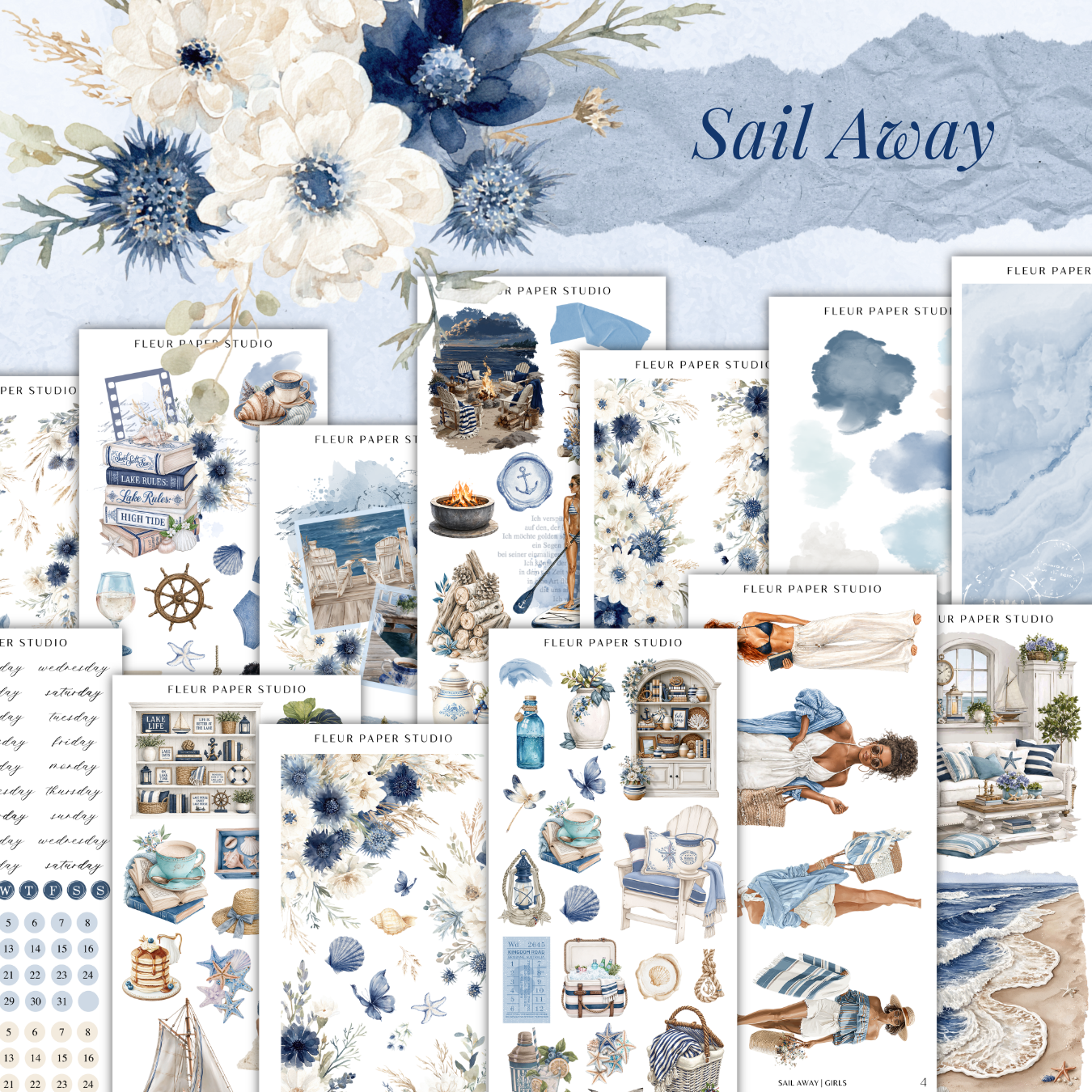 The image is a collage of various illustrations and scenes from the "Sail Away" series by Fleur Paper Studio, featuring a mix of nature, architecture, and people.