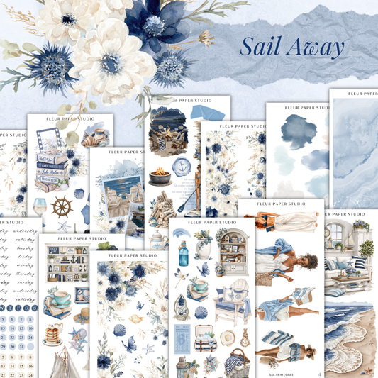 The image is a collage of various illustrations and scenes from the "Sail Away" series by Fleur Paper Studio, featuring a mix of nature, architecture, and people.