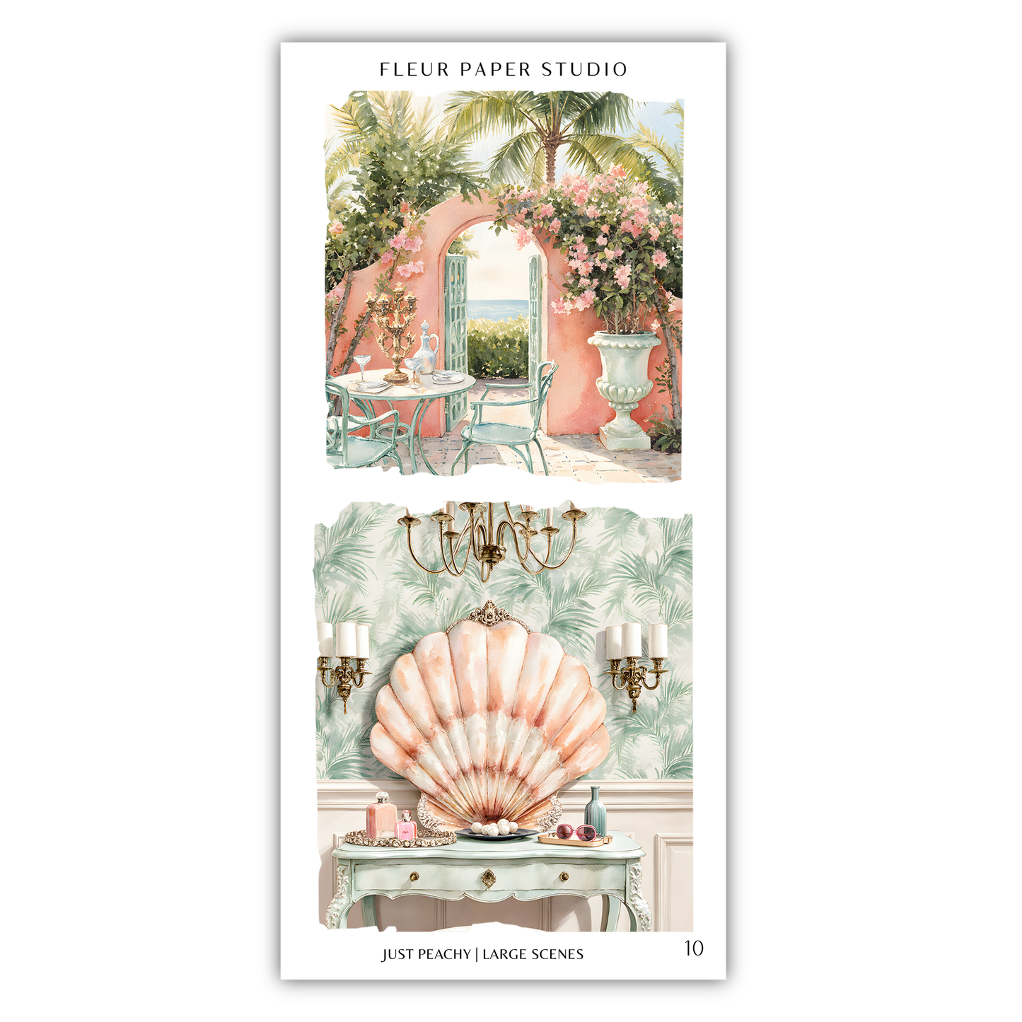 The image is a collage of two scenes from a paper design studio, featuring a pink archway with flowers, a seashell-shaped vanity, and a table with a vase of flowers.