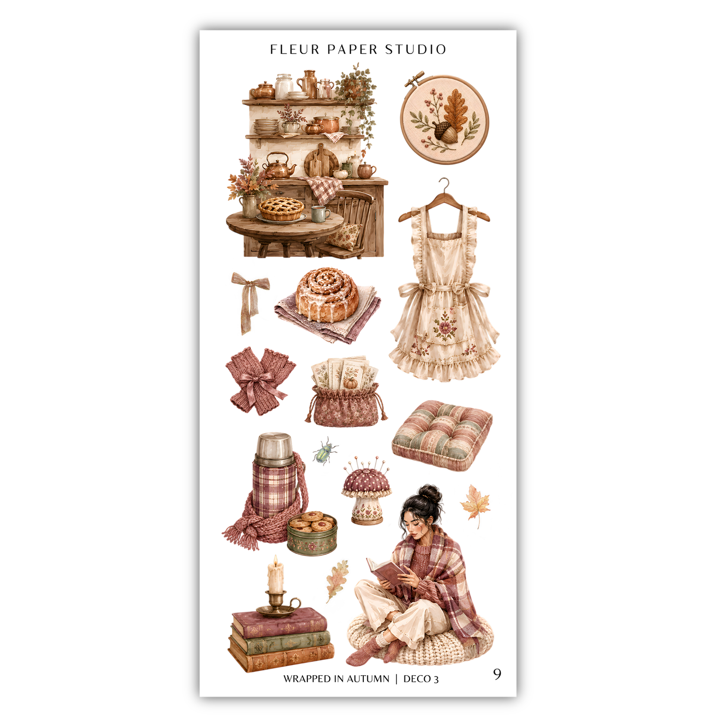 The image is a collage of various autumn-themed items, including a dress, a clock, a basket, a candle, a book, and a woman sitting on a bean bag chair.
