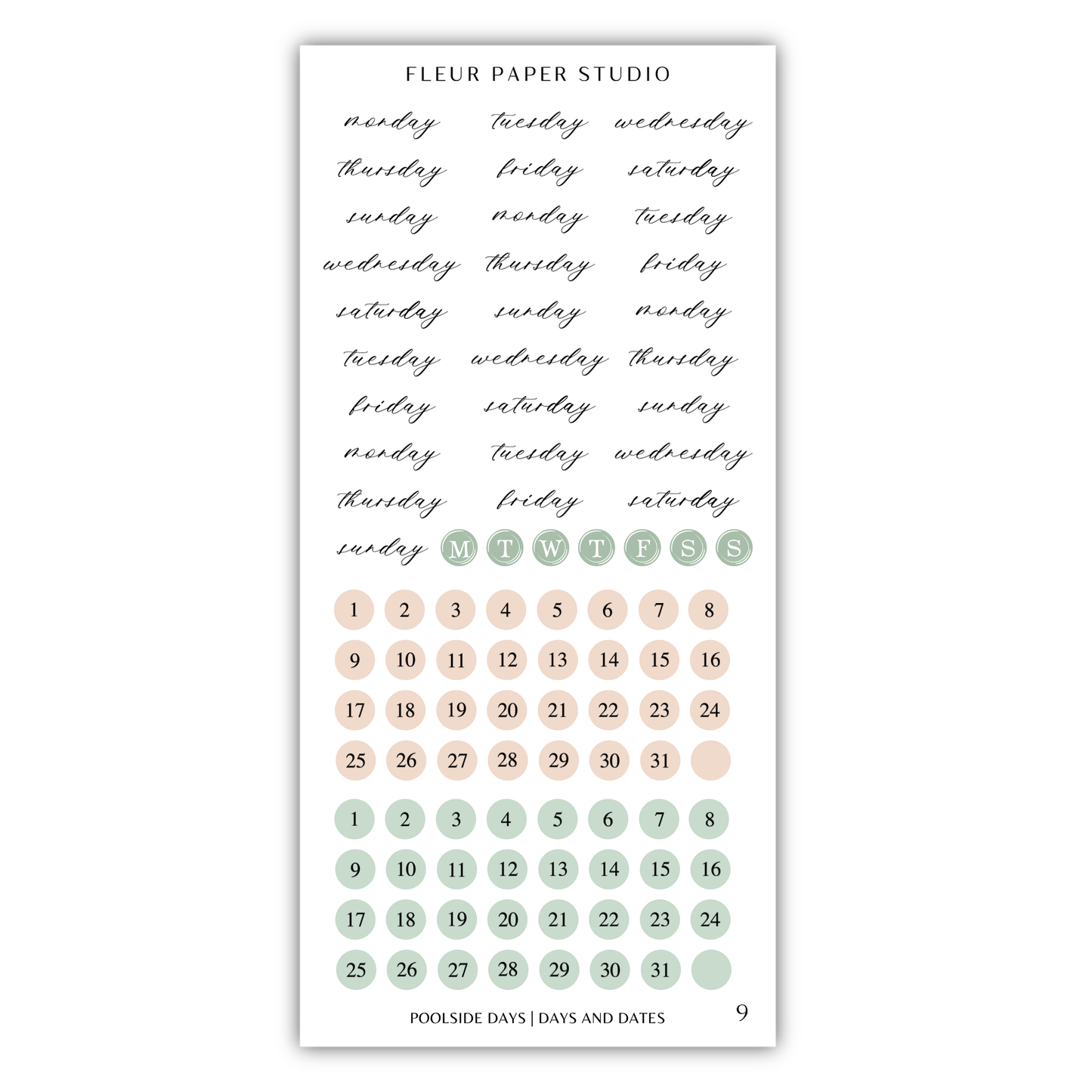 The image is a calendar for Fleur Paper Studio, displaying the days of the week and days of the week in a calendar format.