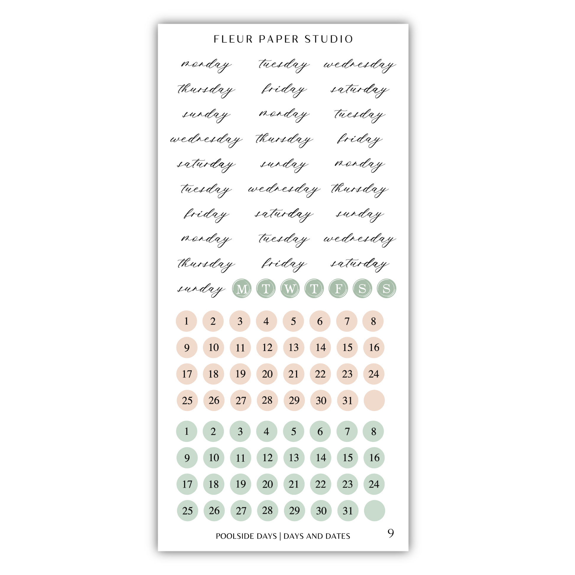 The image is a calendar for Fleur Paper Studio, displaying the days of the week and days of the week in a calendar format.