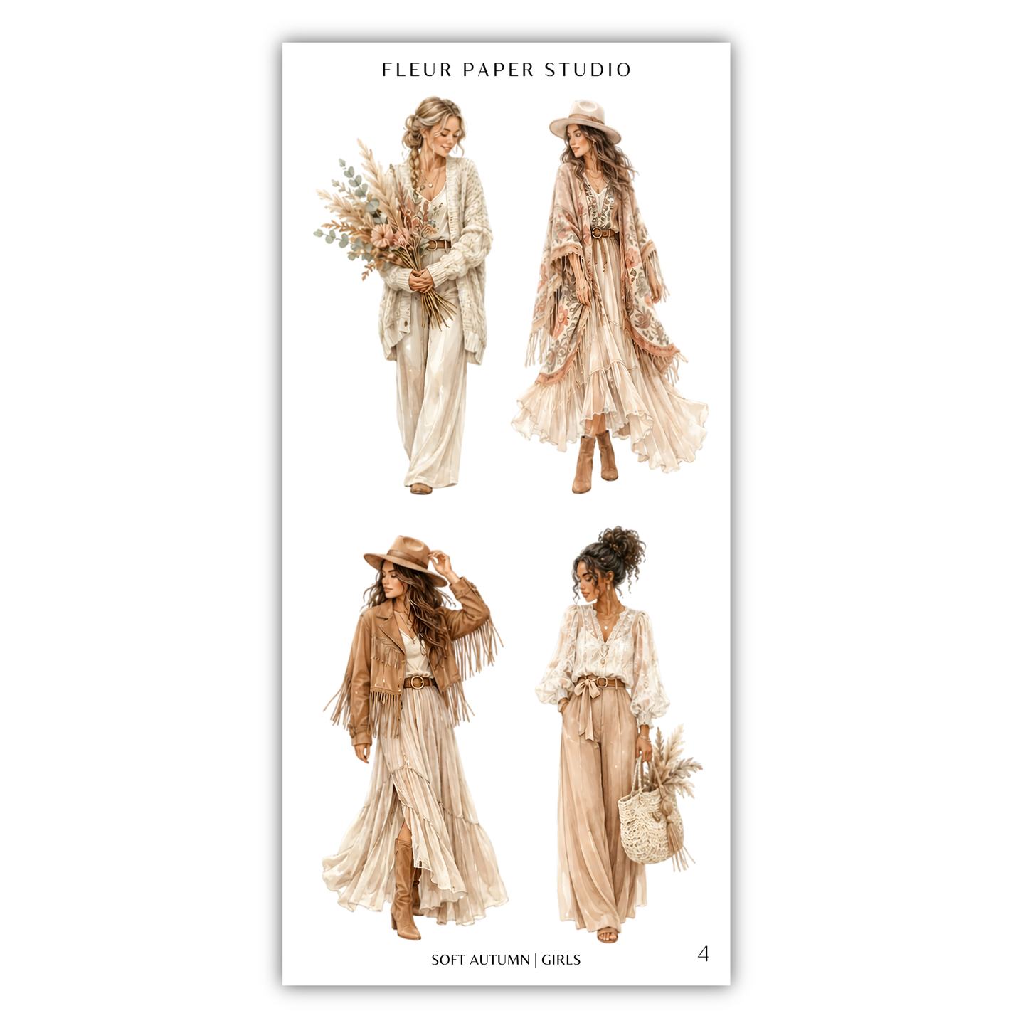The image is a collage of four fashion illustrations featuring women in various styles of dresses and hats, with a focus on the soft autumn theme.