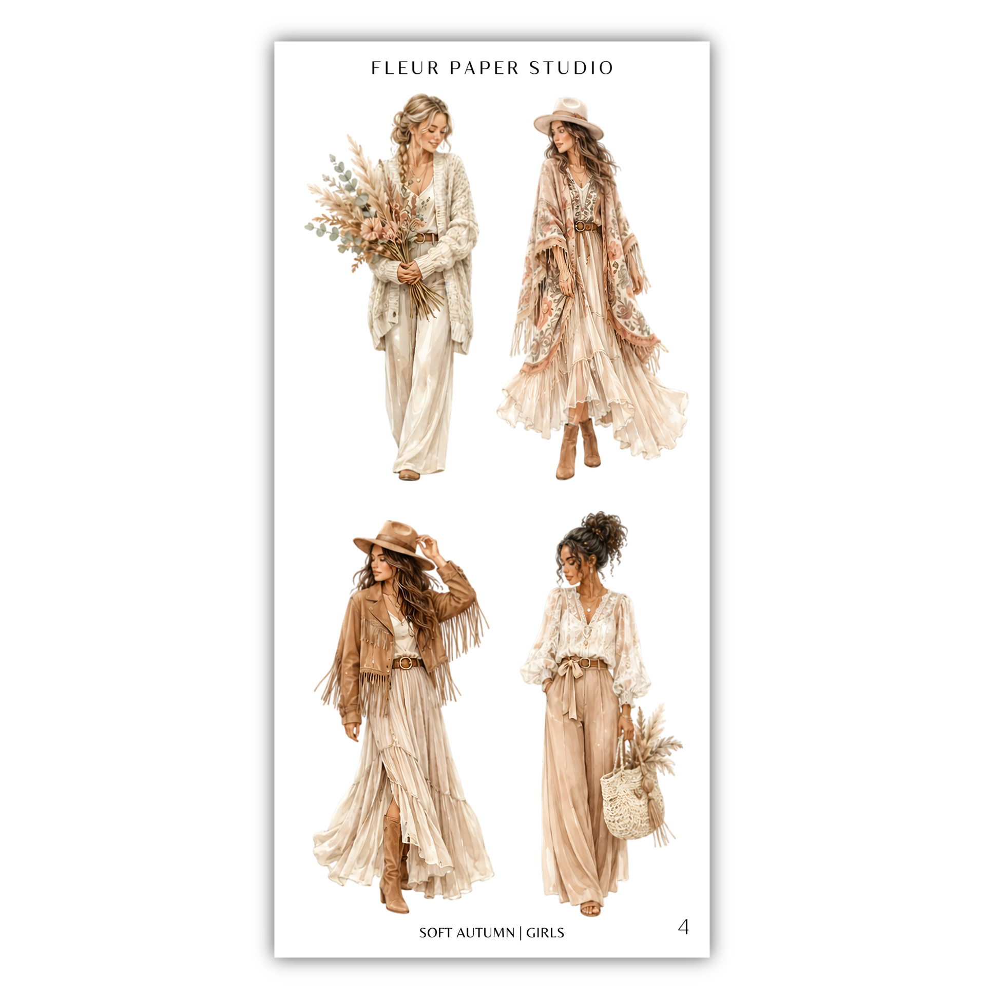 The image is a collage of four fashion illustrations featuring women in various styles of dresses and hats, with a focus on the soft autumn theme.