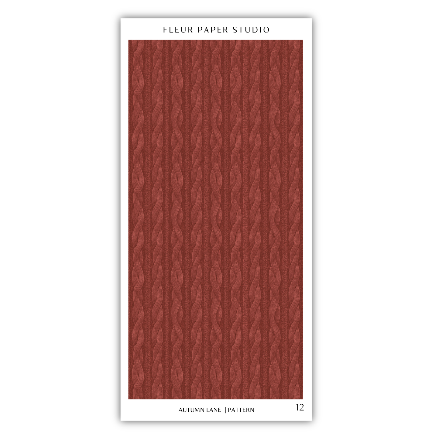The image is a rectangular design with a repeating pattern of red and brown colors, resembling a knitted or woven texture. The design is titled "Autumn Lane Pattern" and is part of the "Fleur Paper Studio" collection.
