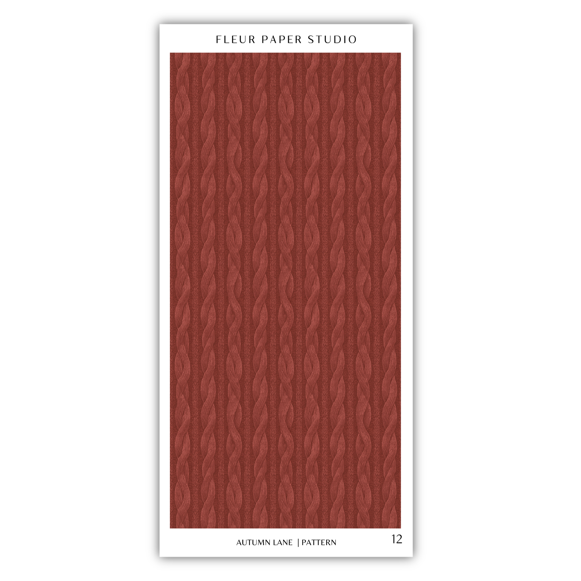 The image is a rectangular design with a repeating pattern of red and brown colors, resembling a knitted or woven texture. The design is titled "Autumn Lane Pattern" and is part of the "Fleur Paper Studio" collection.