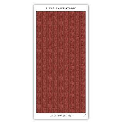 The image is a rectangular design with a repeating pattern of red and brown colors, resembling a knitted or woven texture. The design is titled "Autumn Lane Pattern" and is part of the "Fleur Paper Studio" collection.