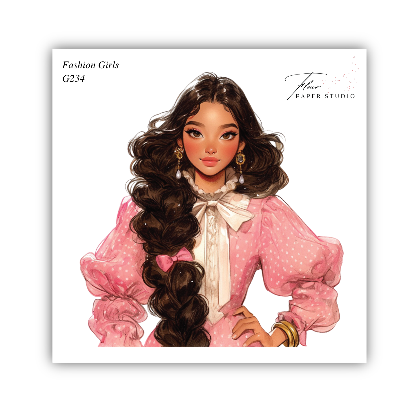 A stylized illustration of a young woman with long, dark hair wearing a pink dress with a white bow.