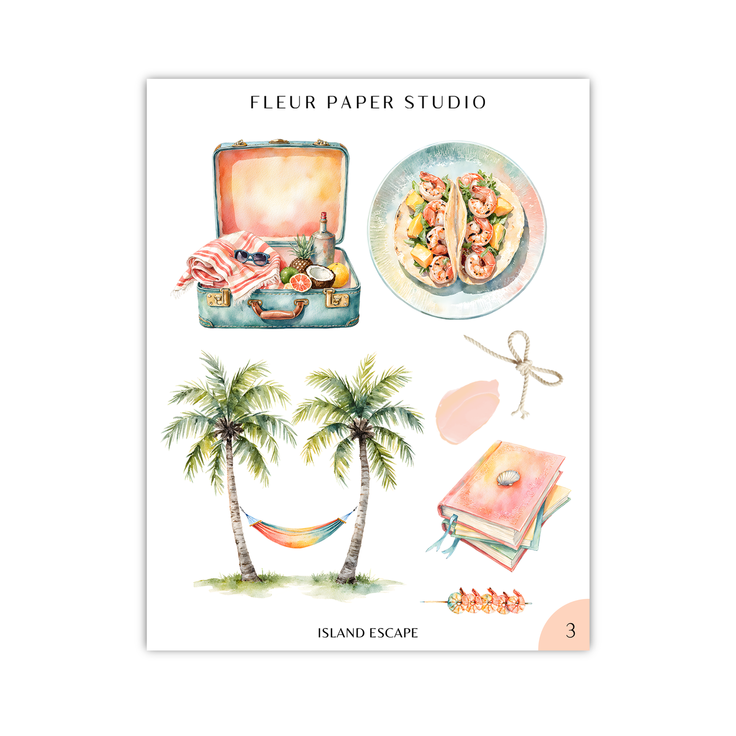 The image is a collage of various tropical and beach-themed items, including a suitcase, a plate of food, palm trees, a hammock, and a book.
