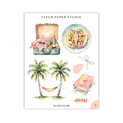 The image is a collage of various tropical and beach-themed items, including a suitcase, a plate of food, palm trees, a hammock, and a book.