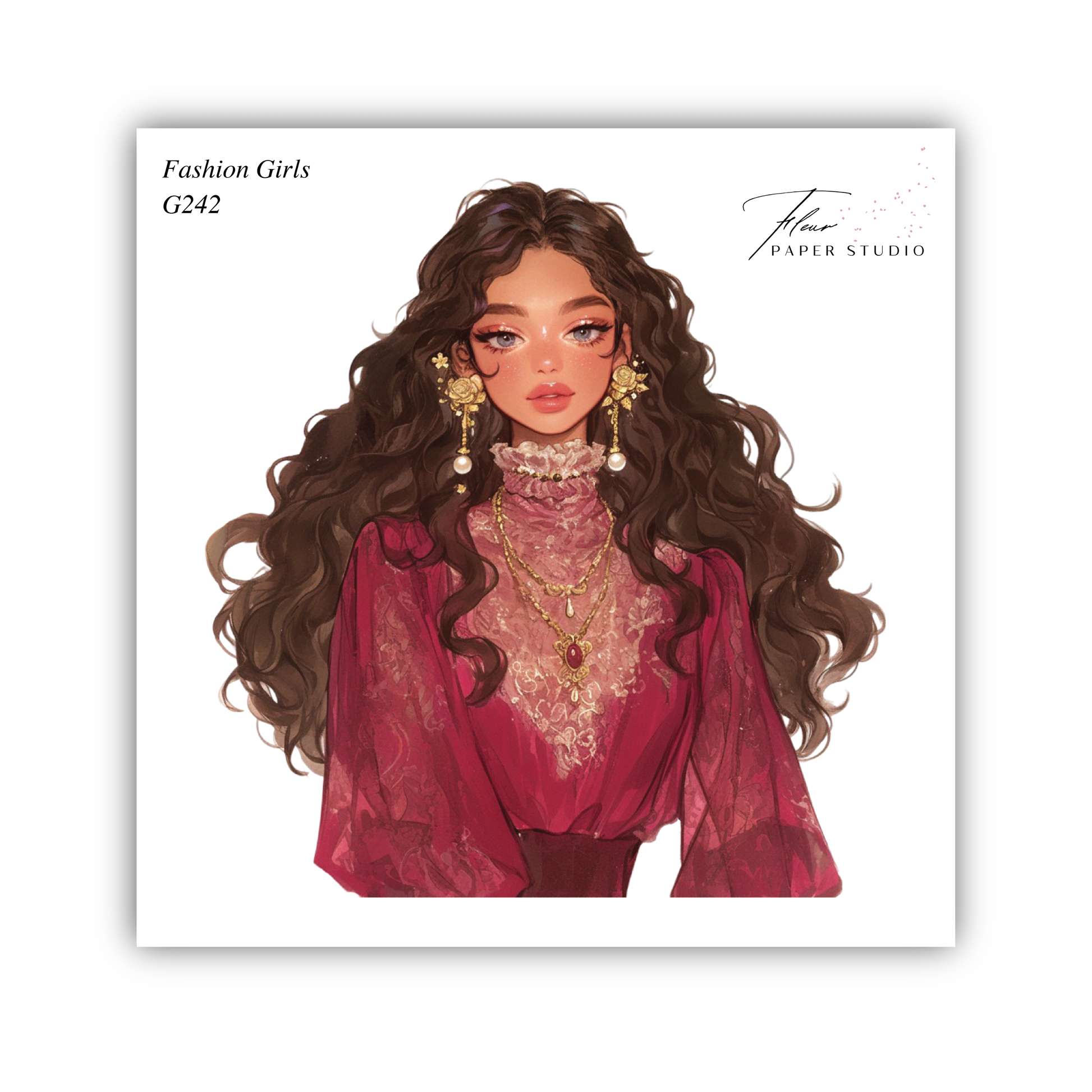 The image is a stylized illustration of a woman with long, curly brown hair wearing a red dress and gold jewelry.