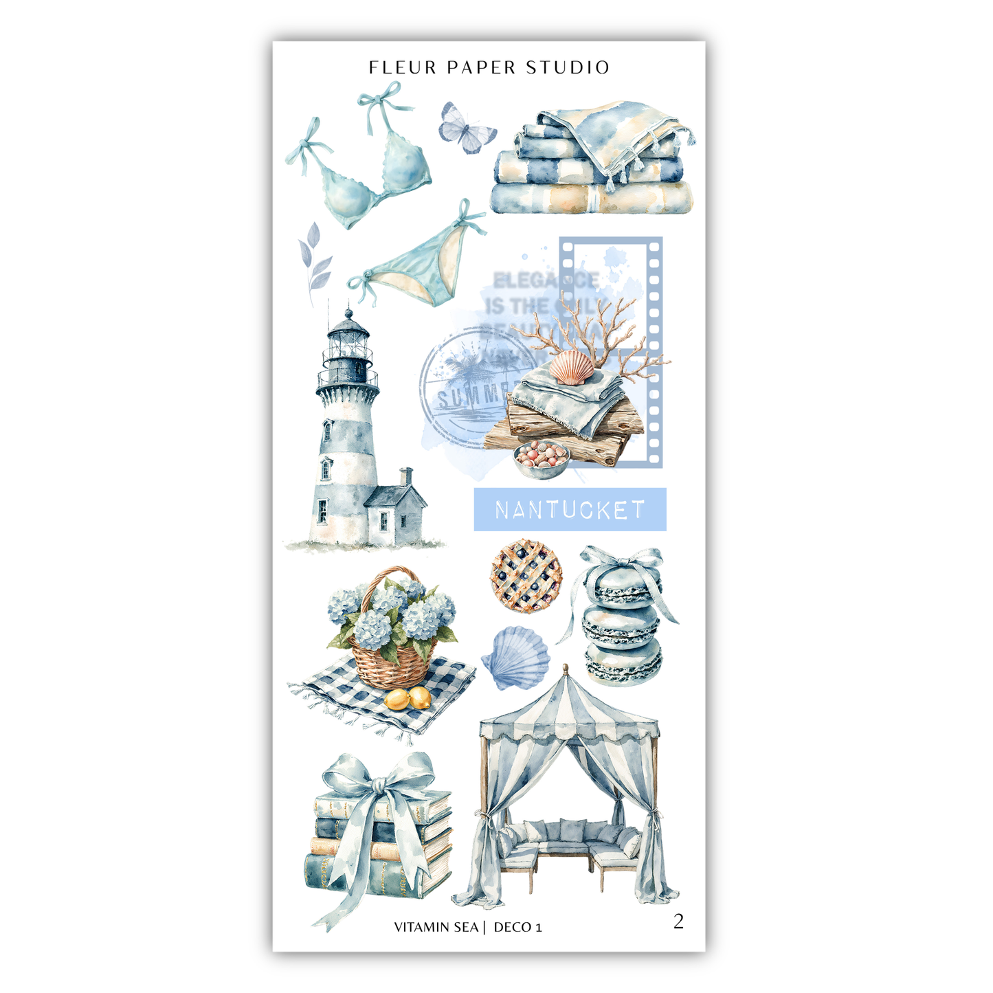 various illustrations related to the coastal town of Nantucket, including a lighthouse, a bikini, towels, a seashell, a basket of flowers, a tent, and a book.