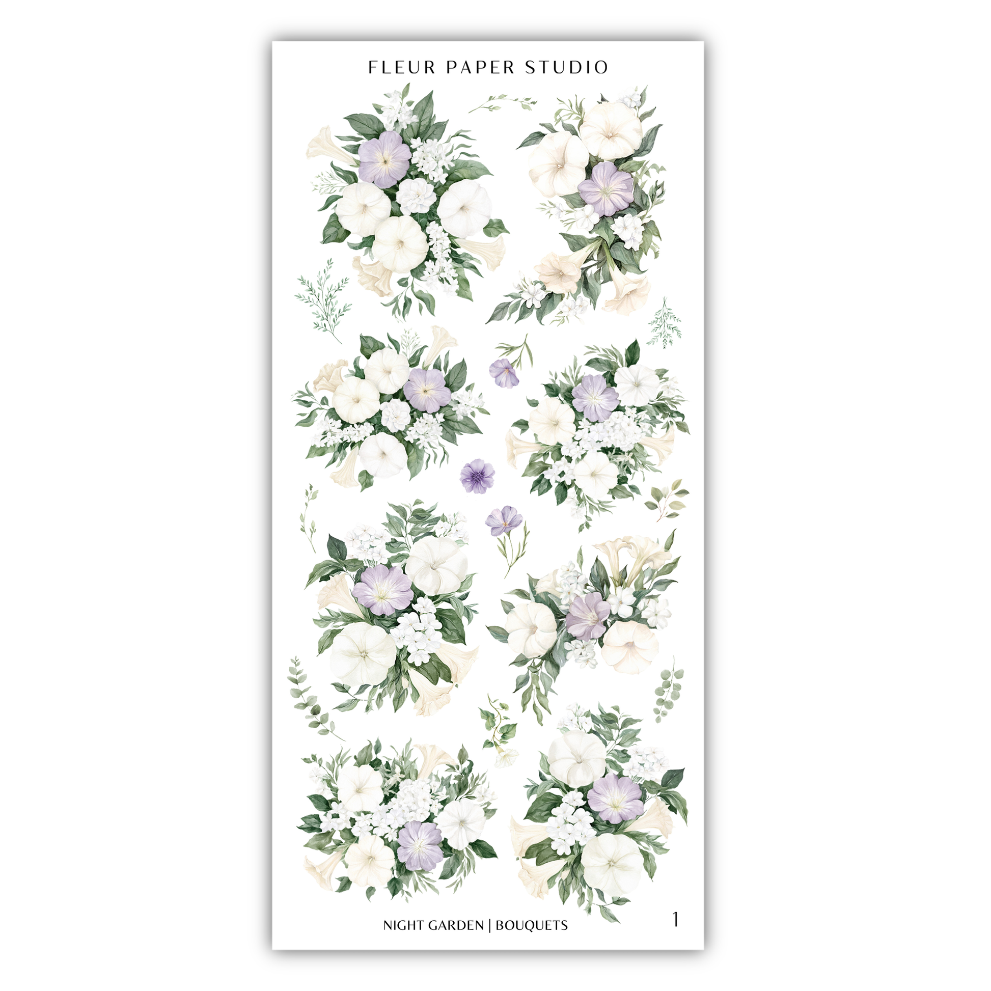 The image is a collage of various floral arrangements, including white and purple flowers, along with leaves and greenery. The collage is titled "NIGHT GARDEN - Bouquets" and includes images of different bouquets, each with unique floral designs and color schemes.