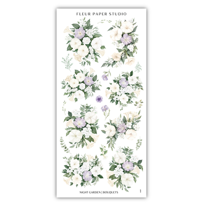 The image is a collage of various floral arrangements, including white and purple flowers, along with leaves and greenery. The collage is titled "NIGHT GARDEN - Bouquets" and includes images of different bouquets, each with unique floral designs and color schemes.