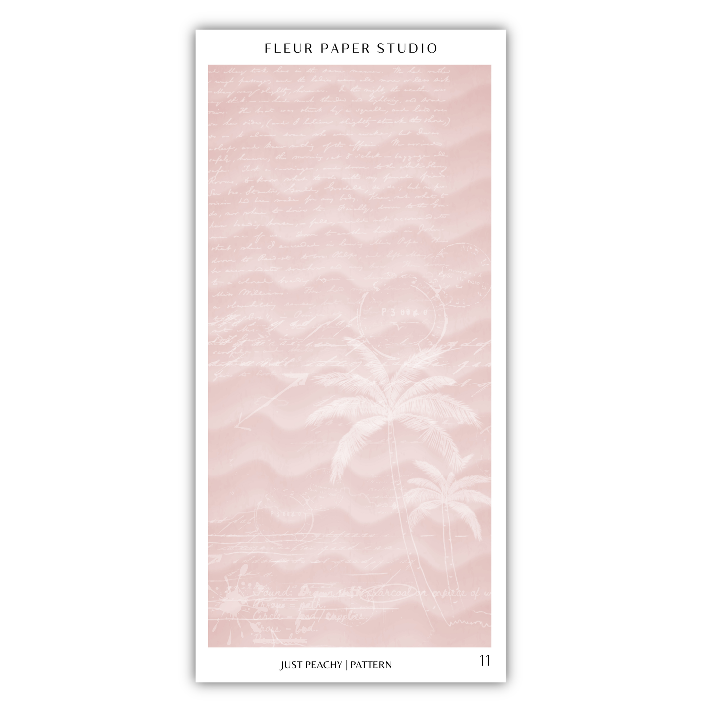 The image is a poster or artwork featuring a pink background with a wavy pattern and palm trees. The text "FLÉR PAPER STUDIO" is written at the top, and "JUST PEACHY PATTEN" is written at the bottom.