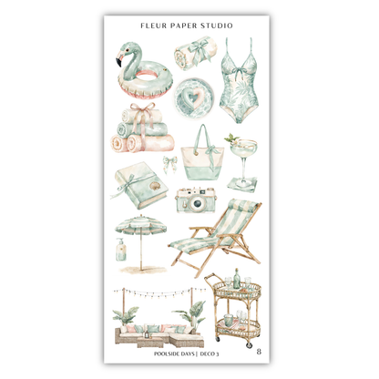 various illustrations of beach-related items and accessories, including a flamingo, swimsuits, towels, umbrellas, and other beach-themed objects.