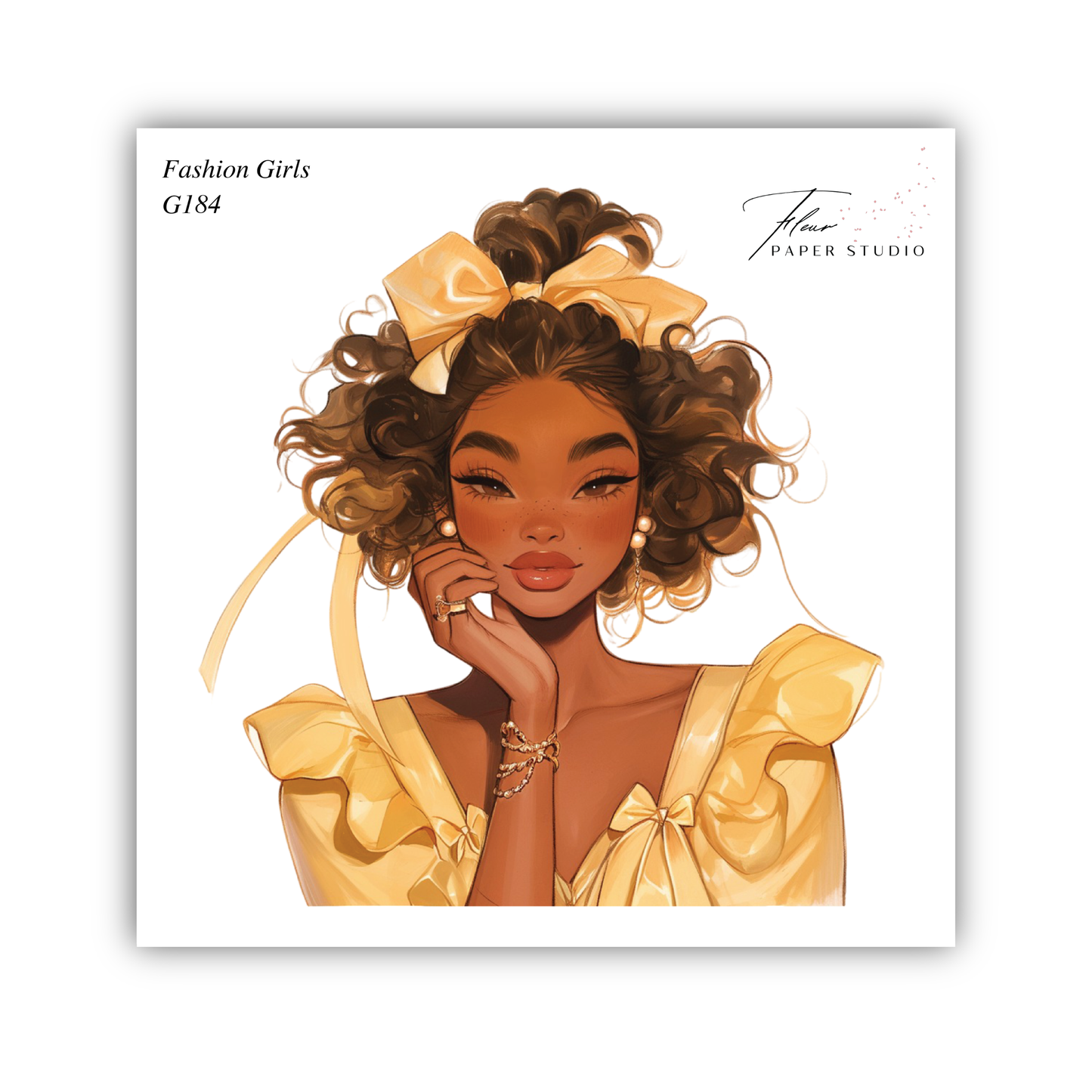 The image is a stylized illustration of a woman with curly hair wearing a yellow dress and a yellow bow.