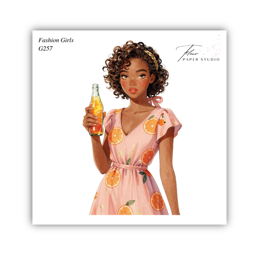 A young woman with curly hair is holding a bottle of orange juice, wearing a pink dress with orange slices.
