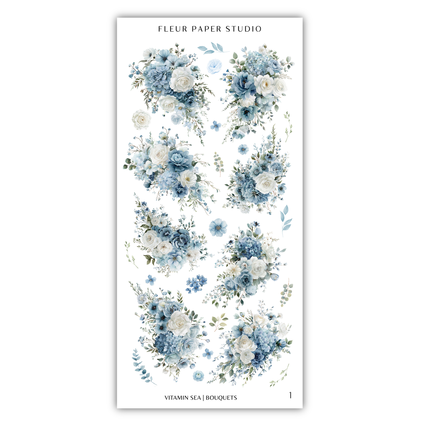a collection of floral arrangements in shades of blue and white, arranged in a grid-like pattern.
