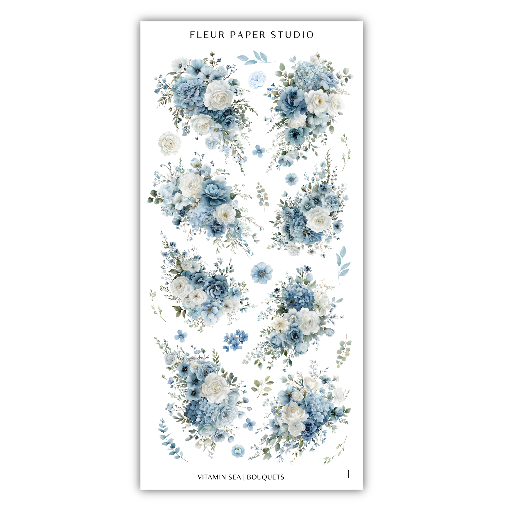 a collection of floral arrangements in shades of blue and white, arranged in a grid-like pattern.