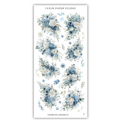 a collection of floral arrangements in shades of blue and white, arranged in a grid-like pattern.