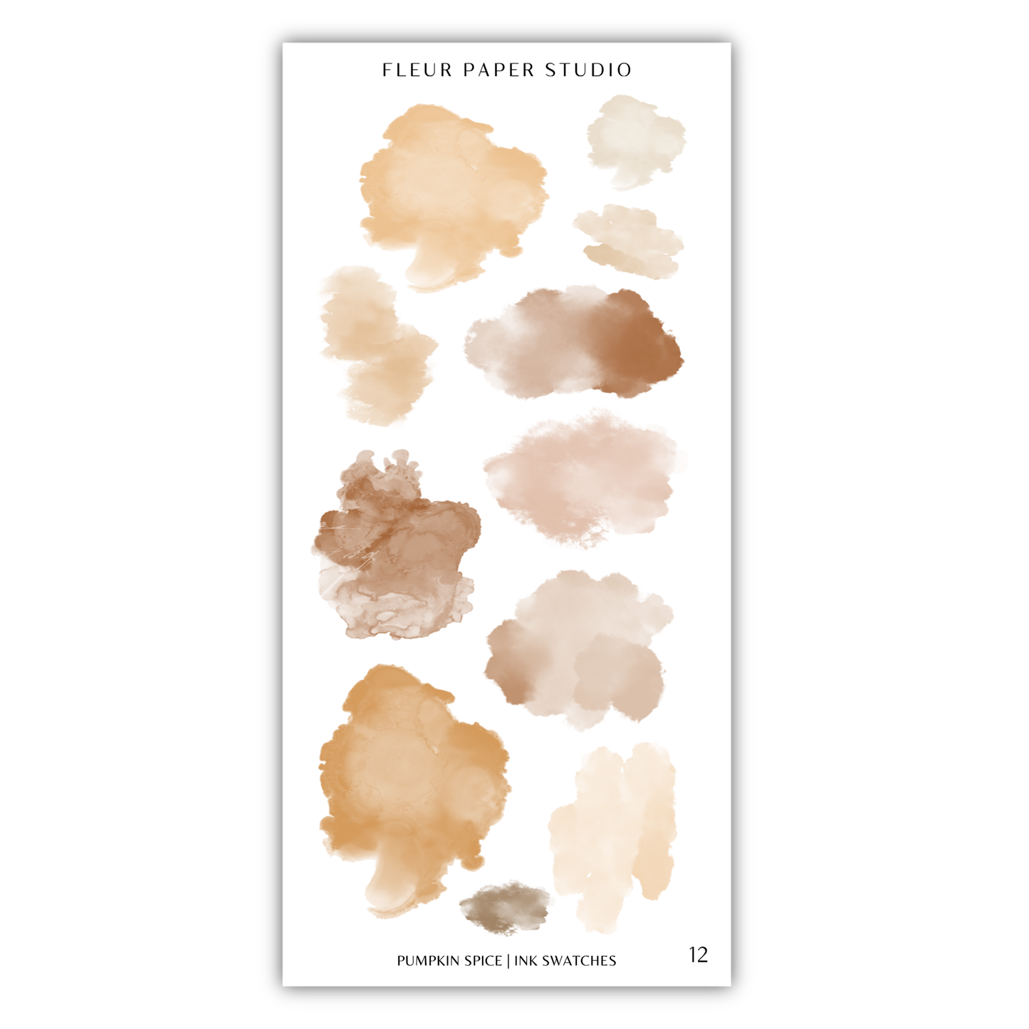 a collection of 12 different watercolor brush strokes in various shades of brown, ranging from light to dark. The brush strokes appear to be abstract and do not depict any specific objects or scenes.