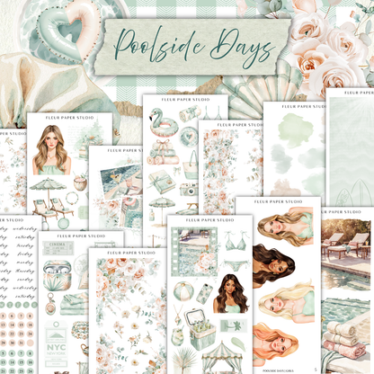 The image is a collage of various illustrations and designs related to "Poolside Days", including floral patterns, beach scenes, and people enjoying the pool.