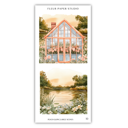The image is a collage of two scenes featuring a house with a greenhouse and a pond with flowers. The top scene depicts a house with a triangular roof and a glass window, while the bottom scene shows a pond with flowers and trees.