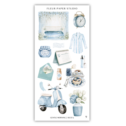 various objects and scenes related to the word "Gentle Morning" and "Deco 3", including a clock, a vase, a moped, a book, a jar, a teapot, a cake, a flower arrangement, and a bottle.
