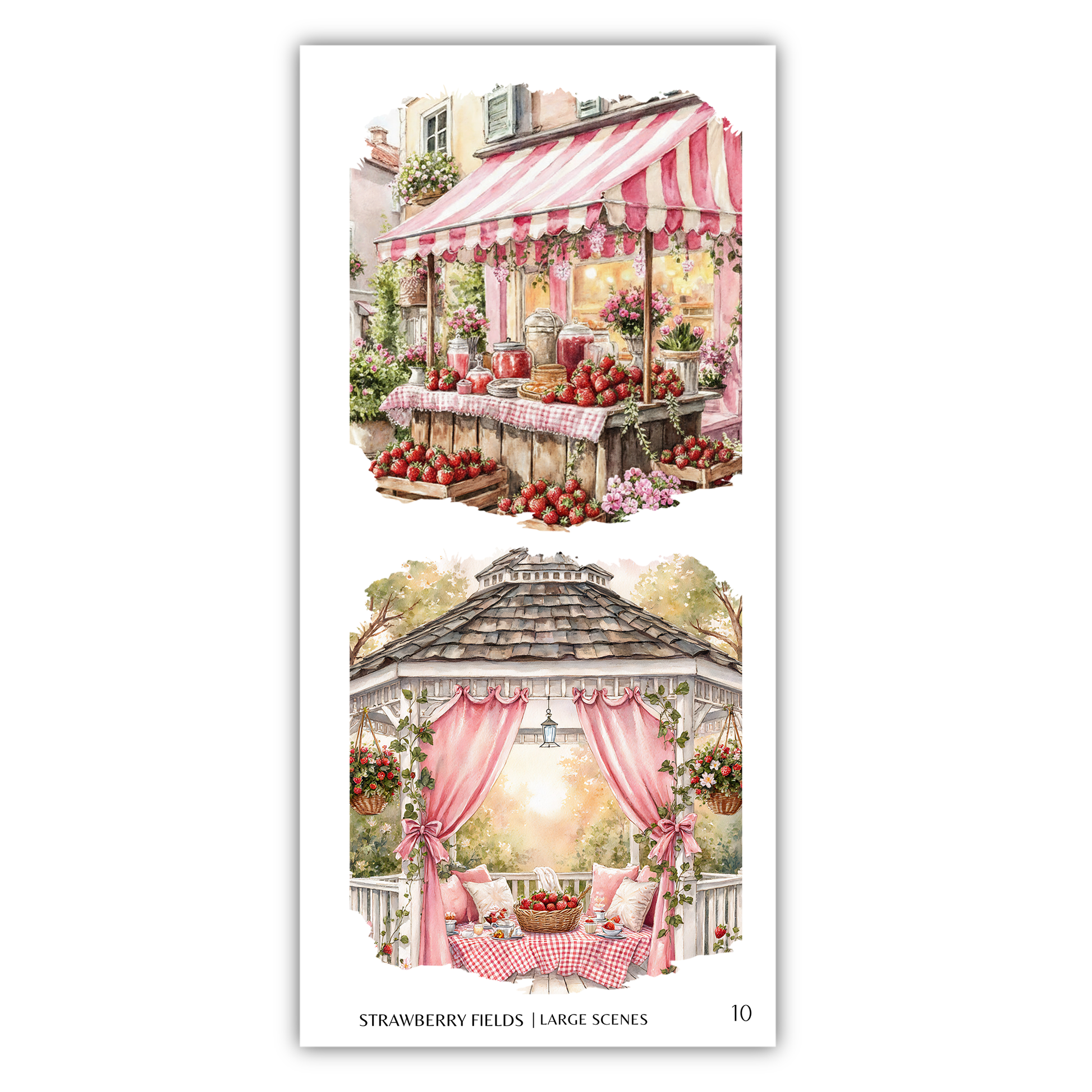 The image is a collage of two scenes featuring a strawberry stand and a gazebo with a table and chairs.