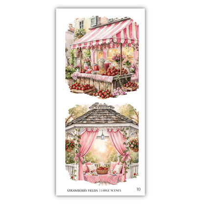 The image is a collage of two scenes featuring a strawberry stand and a gazebo with a table and chairs.