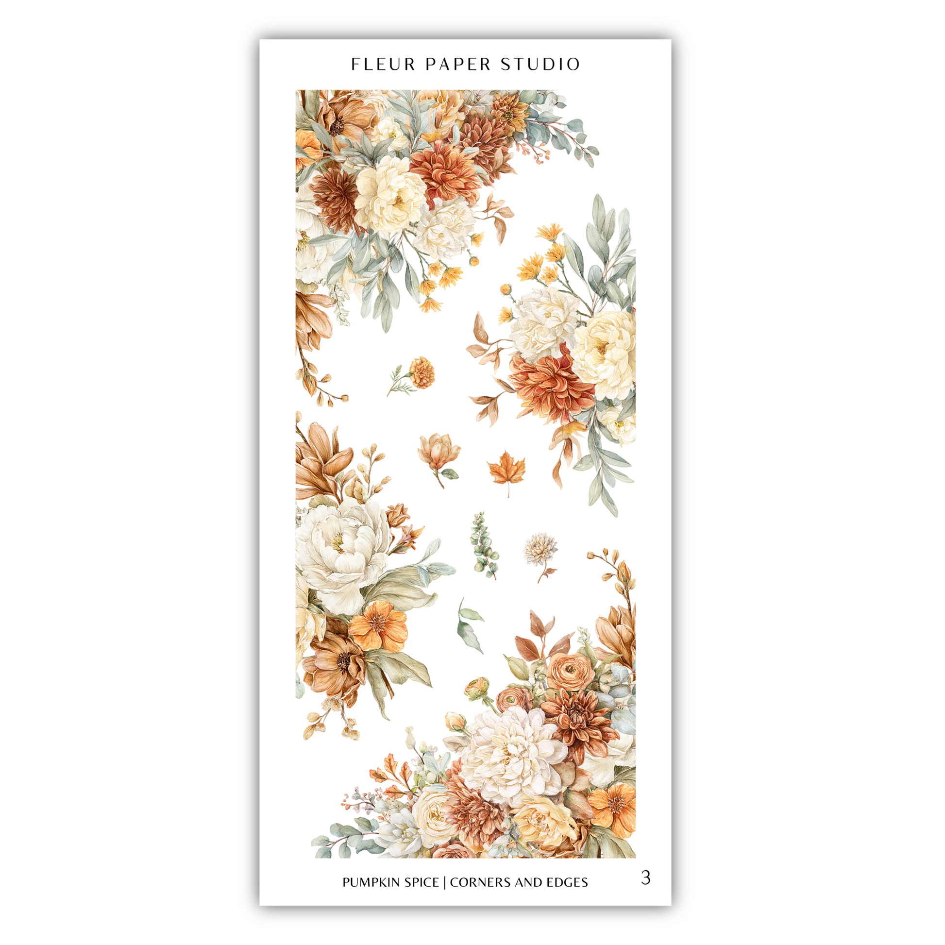 The image is a collage of various floral images, including white and orange flowers, along with leaves and stems. The collage is titled "Pumpkin Spice Corners and Edges" and is part of the "Fleur Paper Studio" collection.