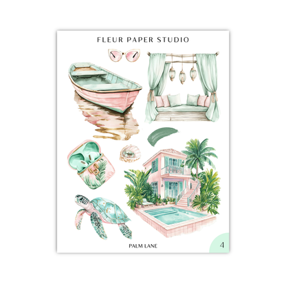 The image is a collage of various tropical-themed illustrations, including a boat, a house, a palm tree, a turtle, and a swimming pool.