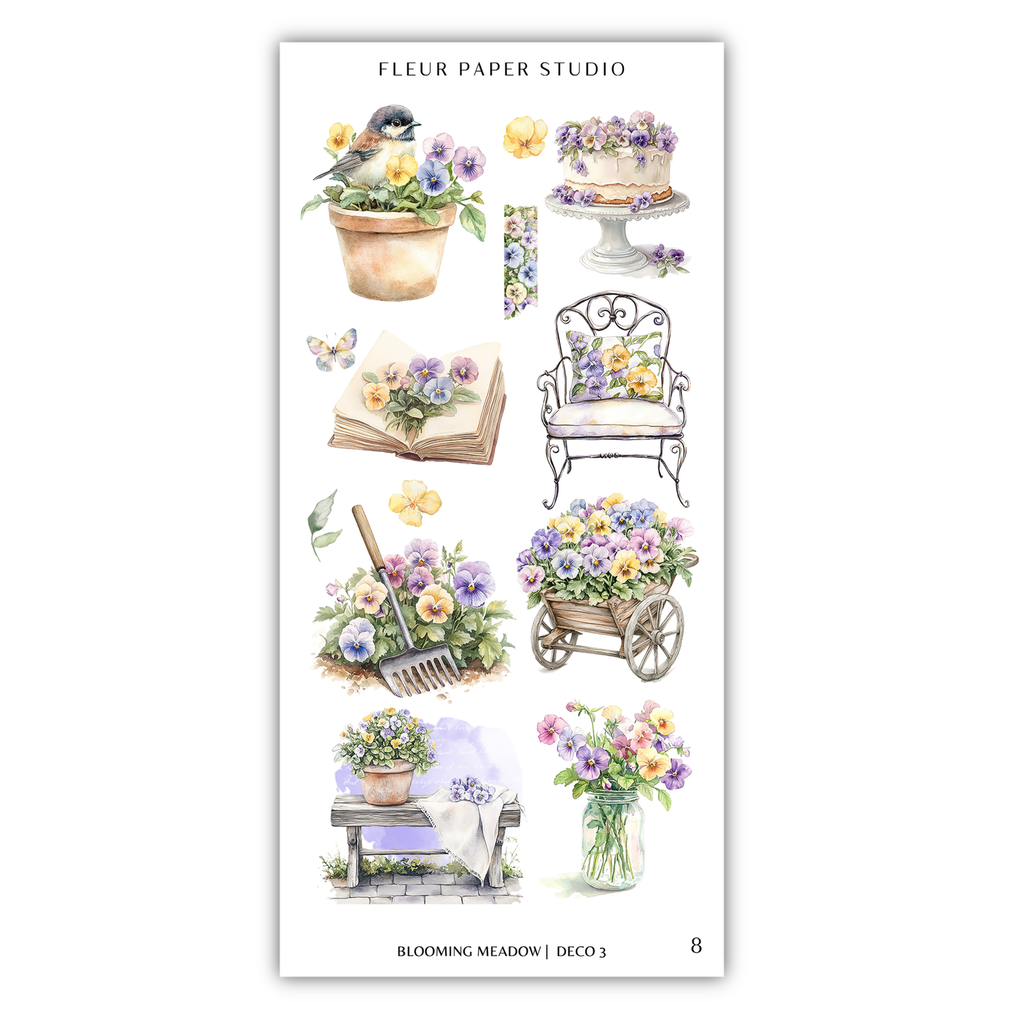 The image is a collection of illustrations depicting various floral and garden-related objects, including a bird, a cake, a chair, a book, a vase, a bench, and a potted plant.