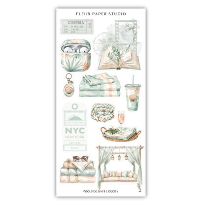 various decorative items and text related to the Fleur Paper Studio, including a pair of earbuds, a book, a keychain, a cup, a towel, a blanket, a lamp, a plant, a basket, a couch, and a sign.