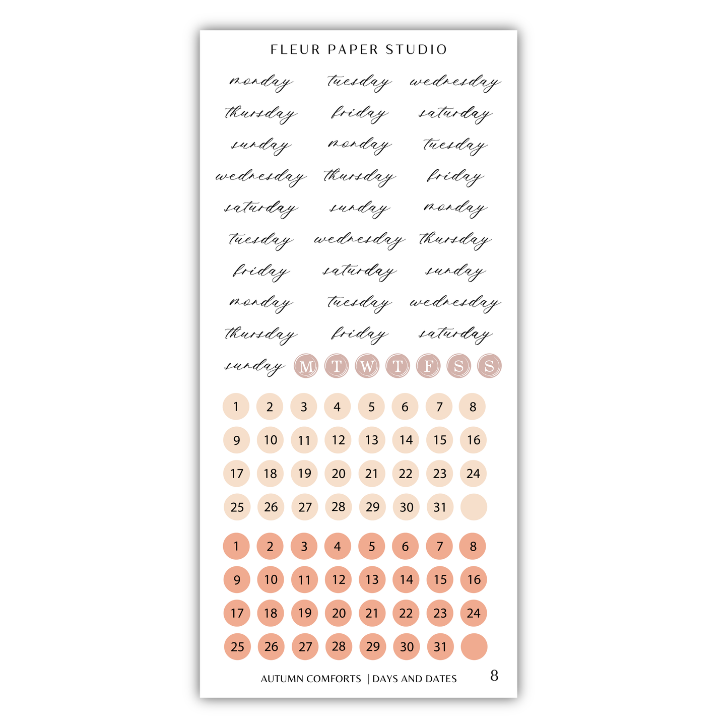 The image is a calendar and sticker set for the Fleur Paper Studio, featuring a calendar with dates and a sticker set with days of the week.