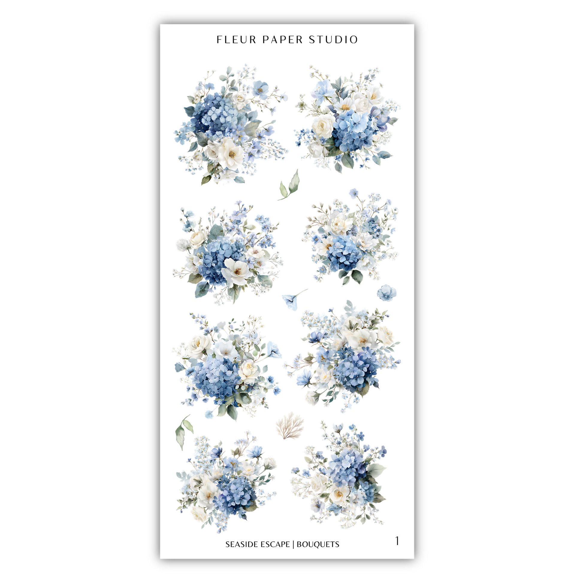 The image is a collage of nine floral arrangements, each featuring a variety of blue and white flowers. The flowers are arranged in different shapes and sizes, creating a visually appealing and diverse display. The collage is titled "Fleur Paper Studio" and includes the phrase "Seaside Escape | Bouquets" at the bottom, suggesting that the images are related to a beach-themed floral design.