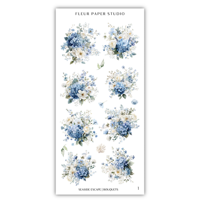The image is a collage of nine floral arrangements, each featuring a variety of blue and white flowers. The flowers are arranged in different shapes and sizes, creating a visually appealing and diverse display. The collage is titled "Fleur Paper Studio" and includes the phrase "Seaside Escape | Bouquets" at the bottom, suggesting that the images are related to a beach-themed floral design.